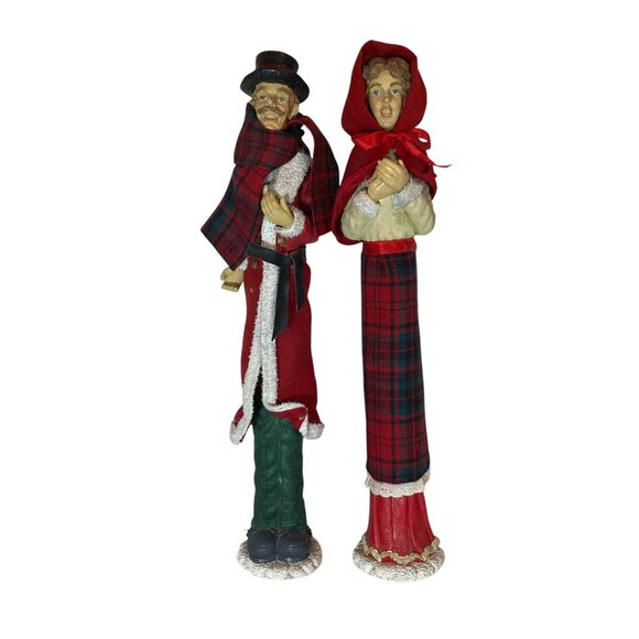 Vintage Christmas Caroler Figurines Set Of 2 Tall 21in Red & Green Plaid Details - Picture 1 of 8